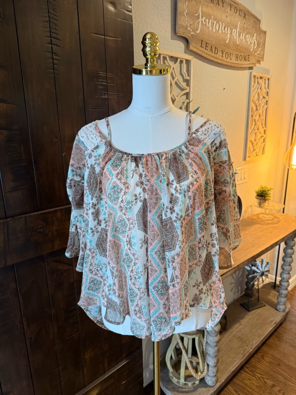Taylor & Sage Paisley Cold-Shoulder Blouse in Cream, Brown & Aqua
